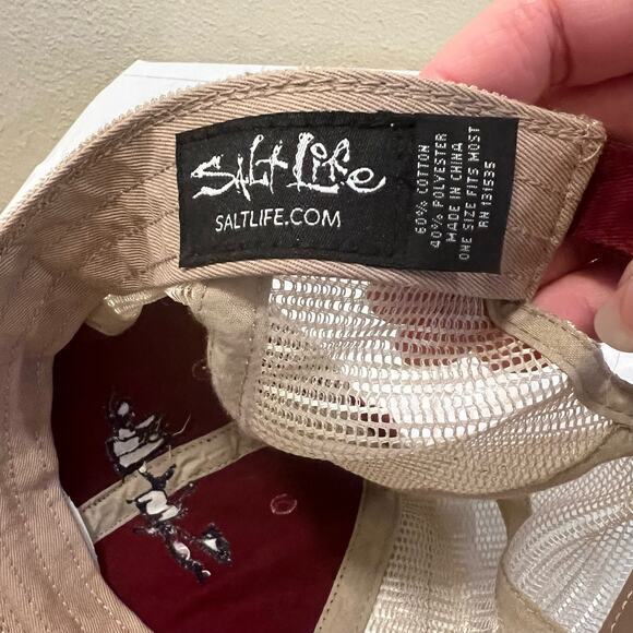 Salt Life Fishing Trucker Hat Burgundy Red Tan Mesh Adjustable Distressed - Picture 4 of 4